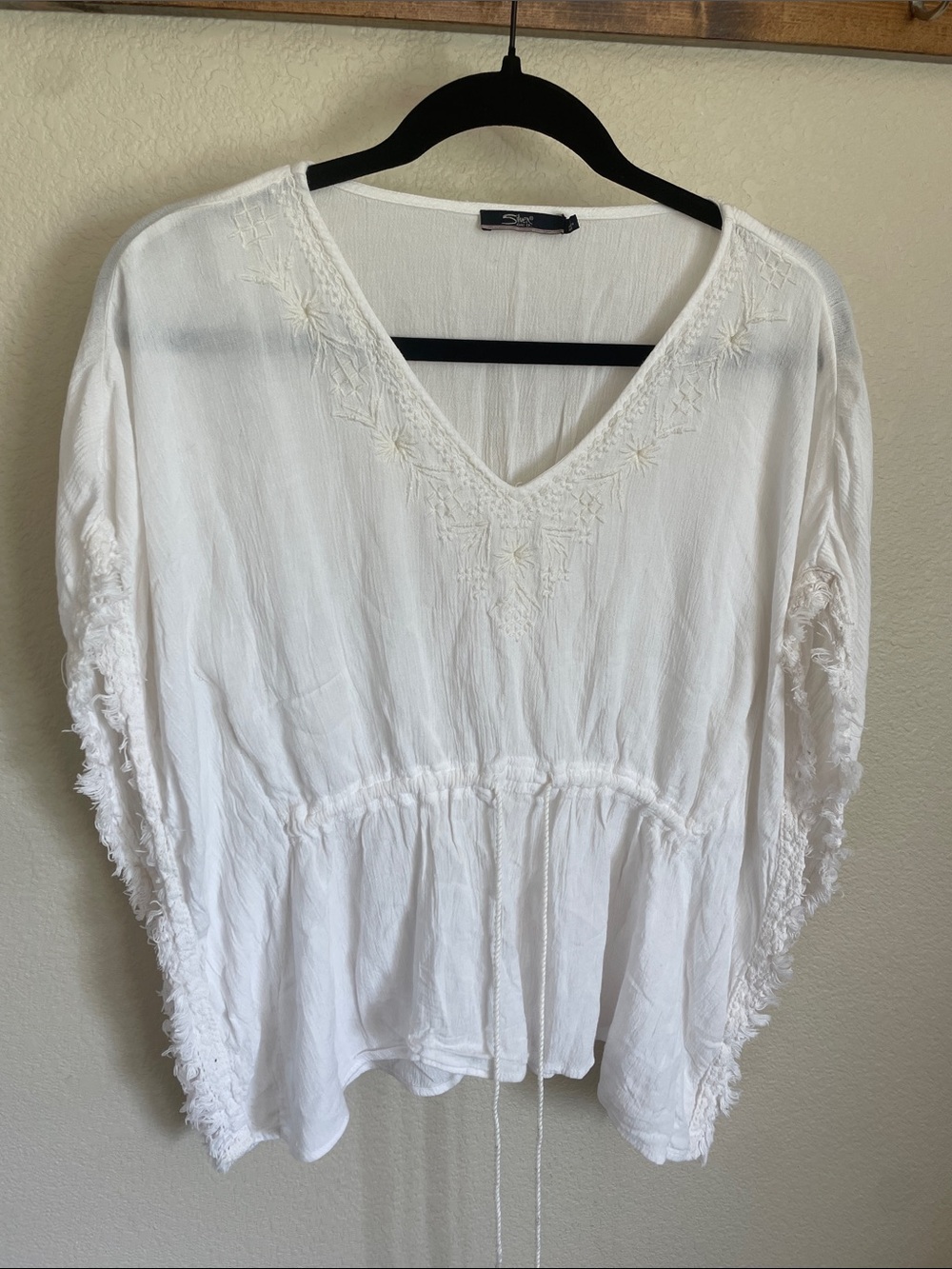 Silver Jeans White Boho Embroidered V-Neck Top S Relaxed Boxy Drawstring Waist